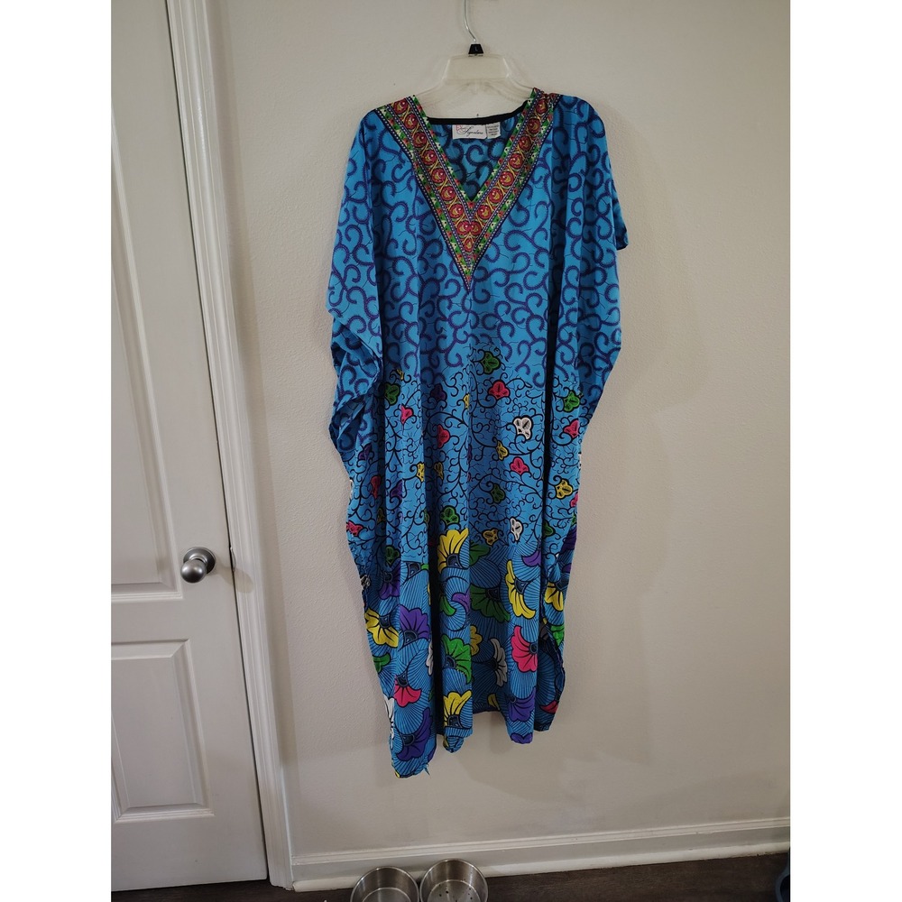 EY Signature Blue Floral‎ Kaftan Maxi Dress V-Neck Beaded One Size Made in India